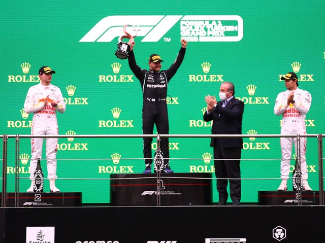 <p>Valtteri Bottas topped the podium ahead of Max Verstappen and Sergio Perez</p>