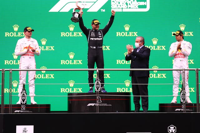 <p>Valtteri Bottas topped the podium ahead of Max Verstappen and Sergio Perez</p>