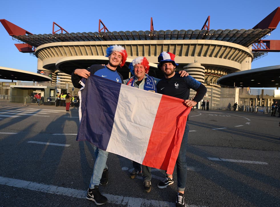 <p>France fans at the San Siro ahead of the Nations League final</p>