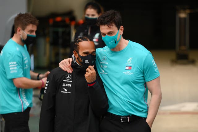 <p>Lewis Hamilton and Toto Wolff </p>