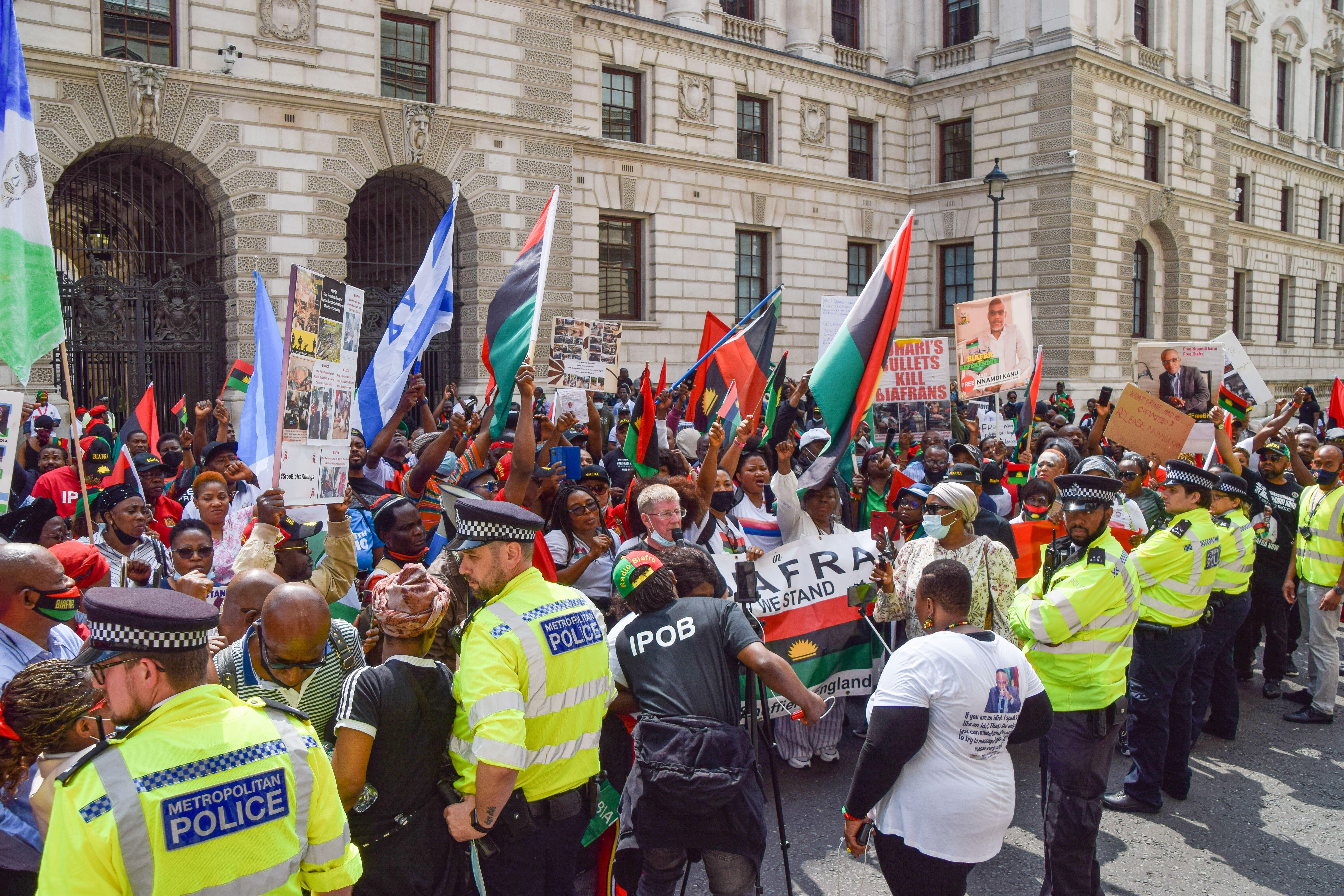 Free Biafra demonstrators gather in Whitehall demanding the release of Kanu and Sunday Adeyemo