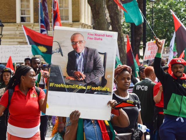 <p>Demonstrators outside Downing Street in July this year demanding the release of Nnamdi Kanu </p>