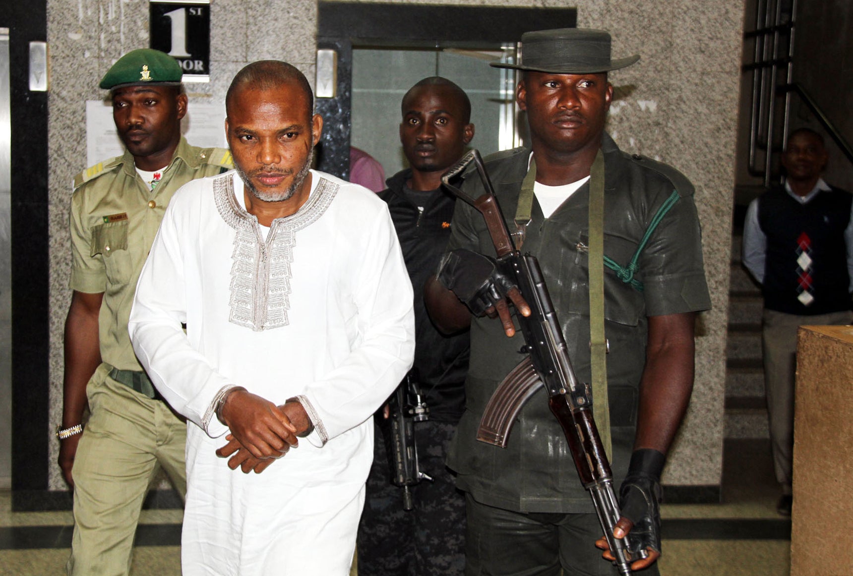 Kanu at a trial in 2016 where he is accused by the state of ‘propagating a secessionist agenda’ with the intention to ‘levy war against Nigeria’