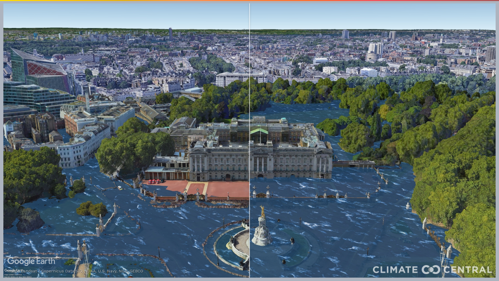 <p>Potential extent of sea level rise at Buckingham Palace under 1.5C (left) and 3C of global heating</p>