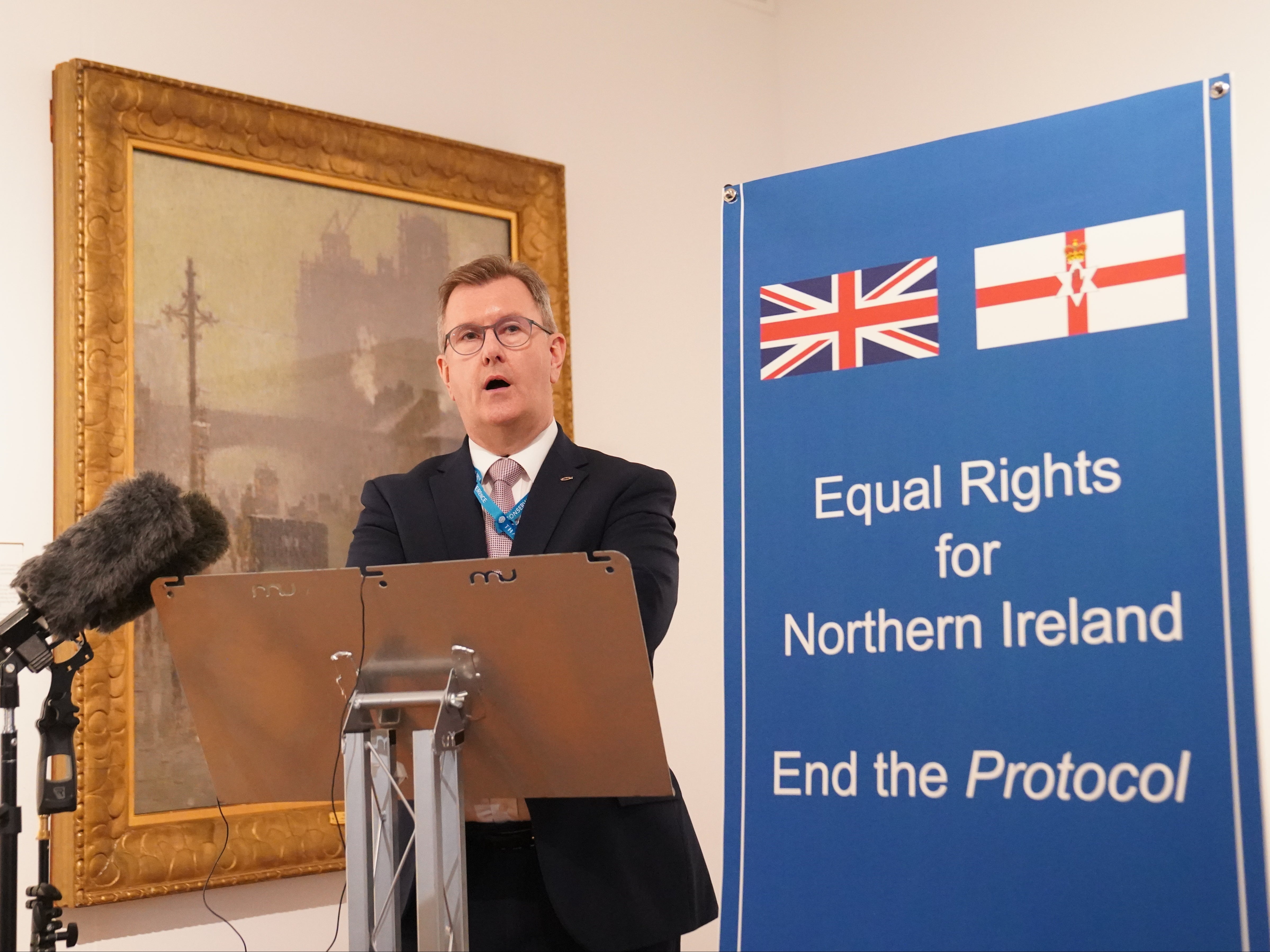 DUP leader Sir Jeffrey Donaldson speaking at a fringe event at Tory conference