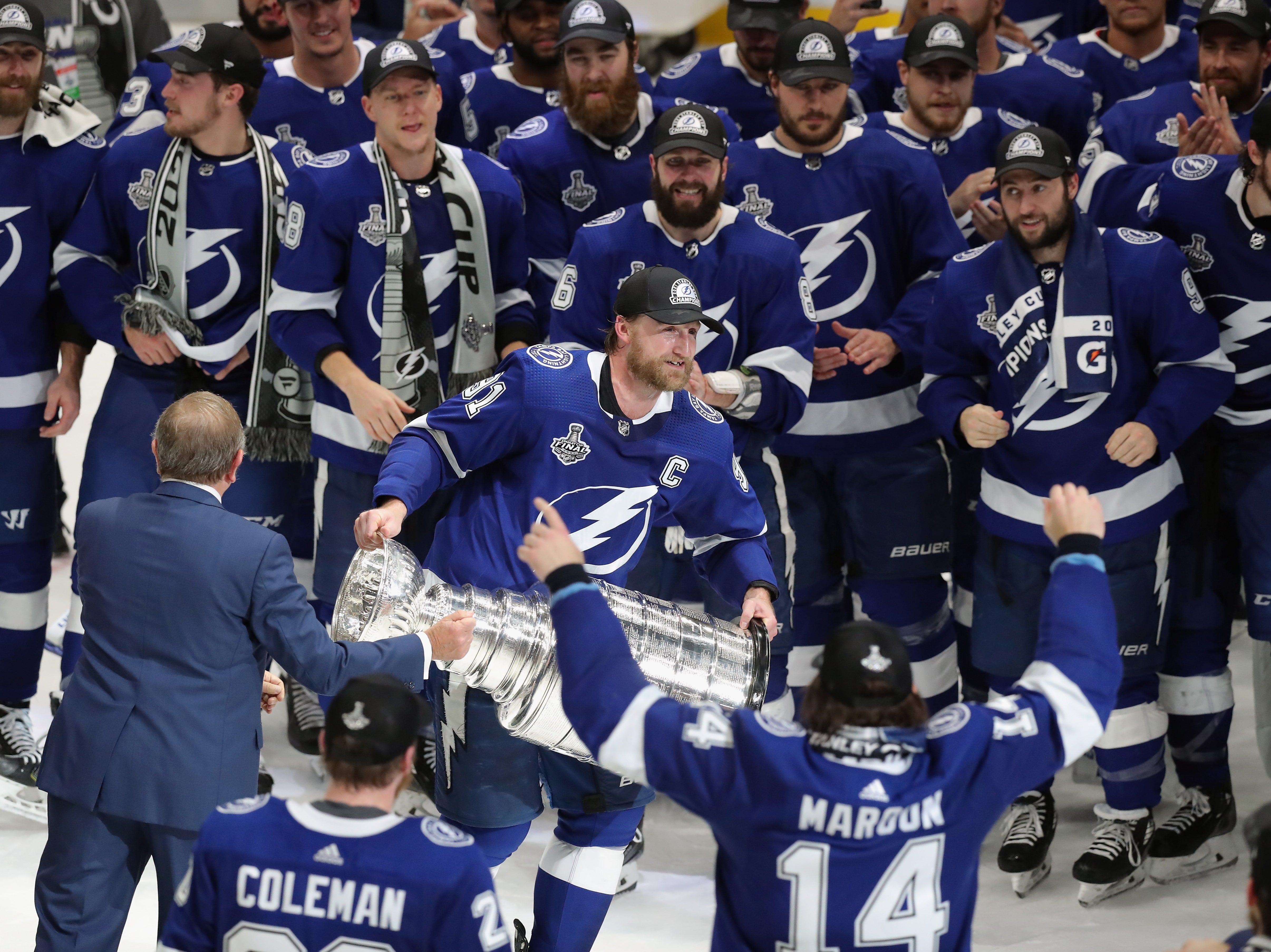 The Lightning’s Steven Stamkos with the Stanley Cup trophy in July