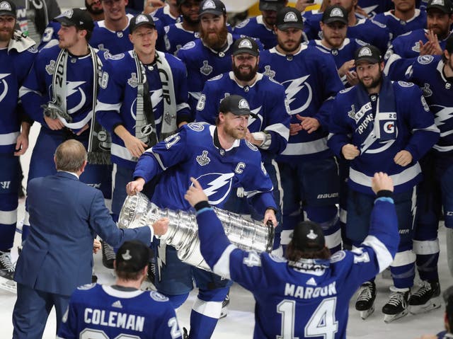 <p>The Lightning’s Steven Stamkos with the Stanley Cup trophy in July</p>