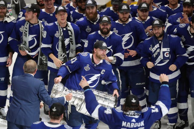 <p>The Lightning’s Steven Stamkos with the Stanley Cup trophy in July</p>