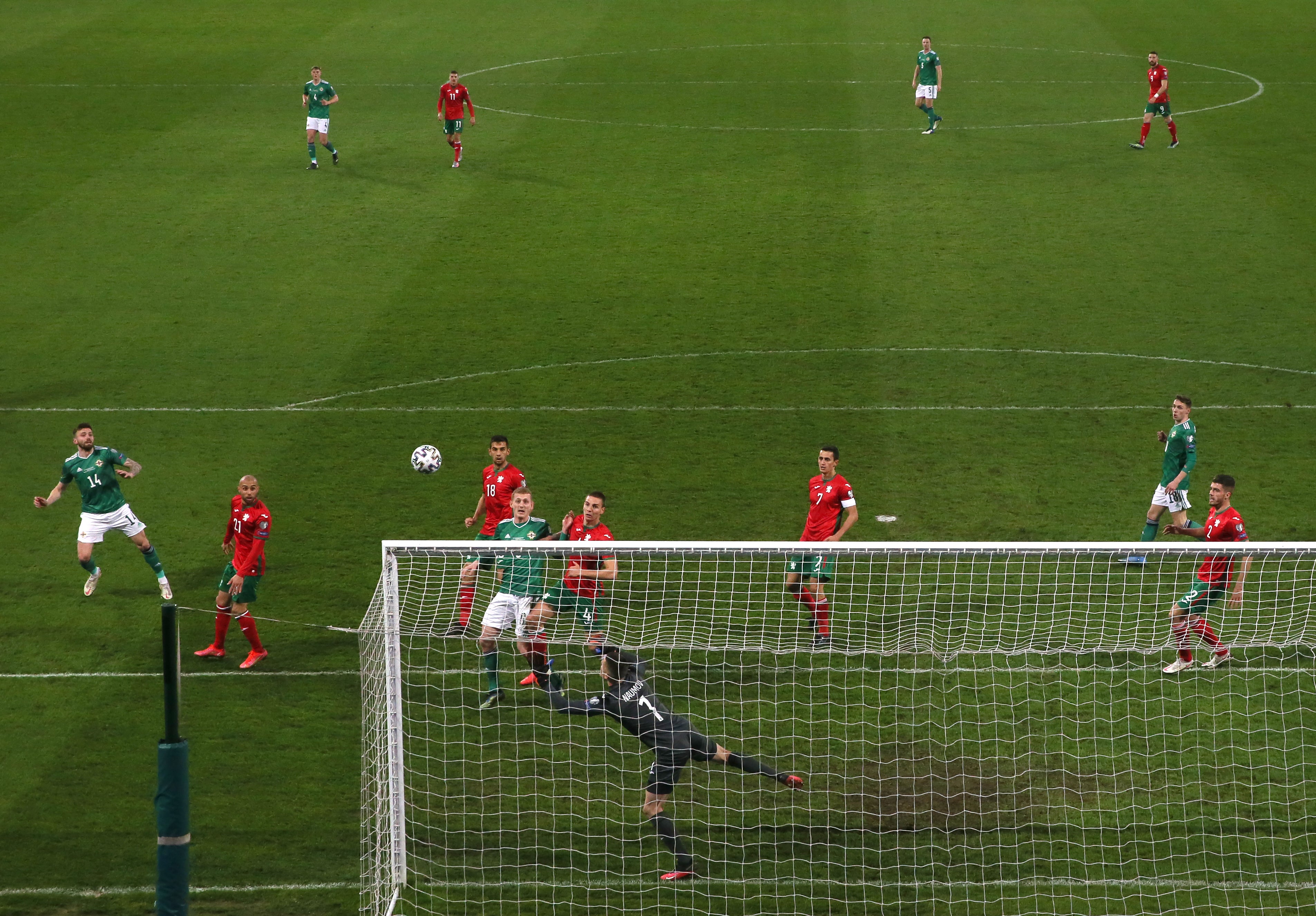 Stuart Dallas’ header hit the crossbar as the two sides drew 0-0 in Belfast in March (Brian Lawless/PA)