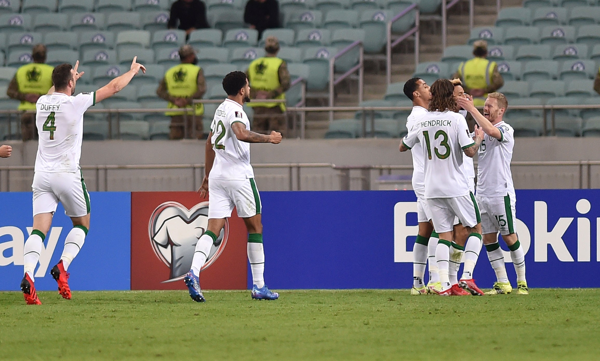 The Republic of Ireland celebrate after scoring their first goal in Azerbaijan (AP/PA)
