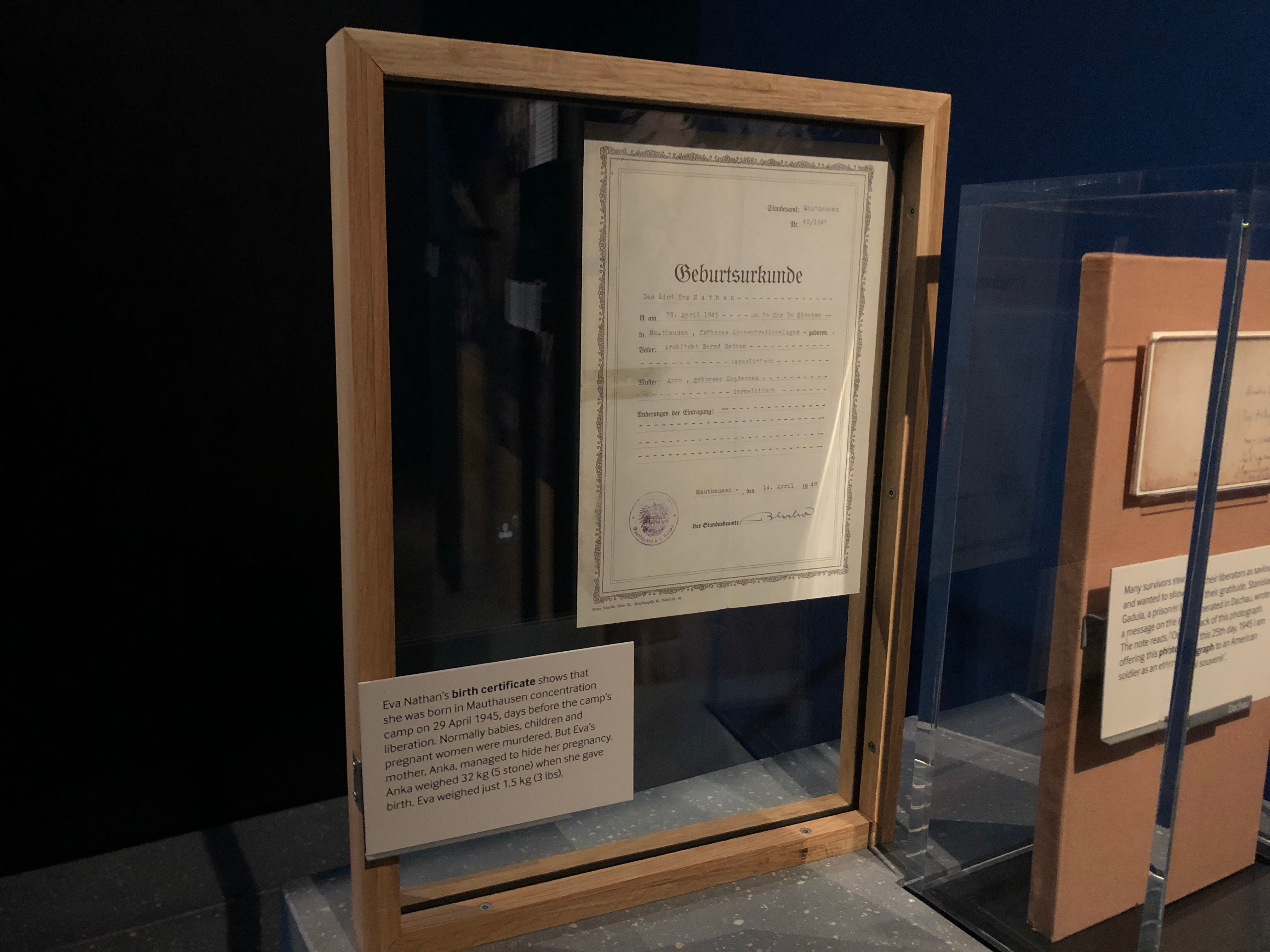 Eva Clarke’s birth certificate, on display at the Imperial War Museum.