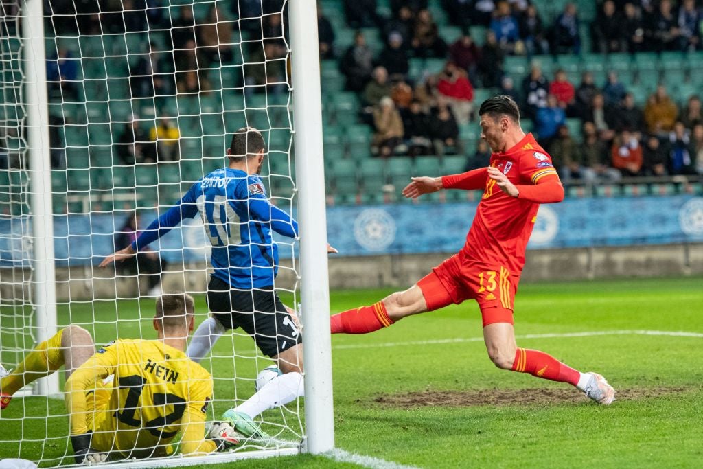 Kieffer Moore stretches to connect and score the solitary goal in Wales’s win over Estonia