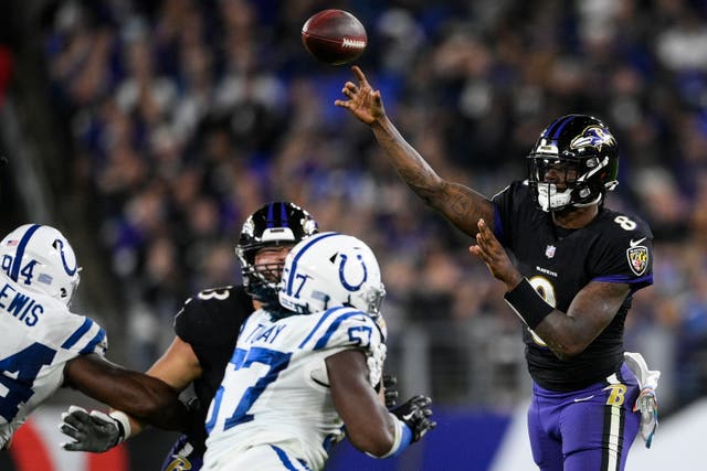 Baltimore Ravens quarterback Lamar Jackson (8) throws the ball during the second half of an NFL football game against the Indianapolis Colts (Nick Wass/AP)