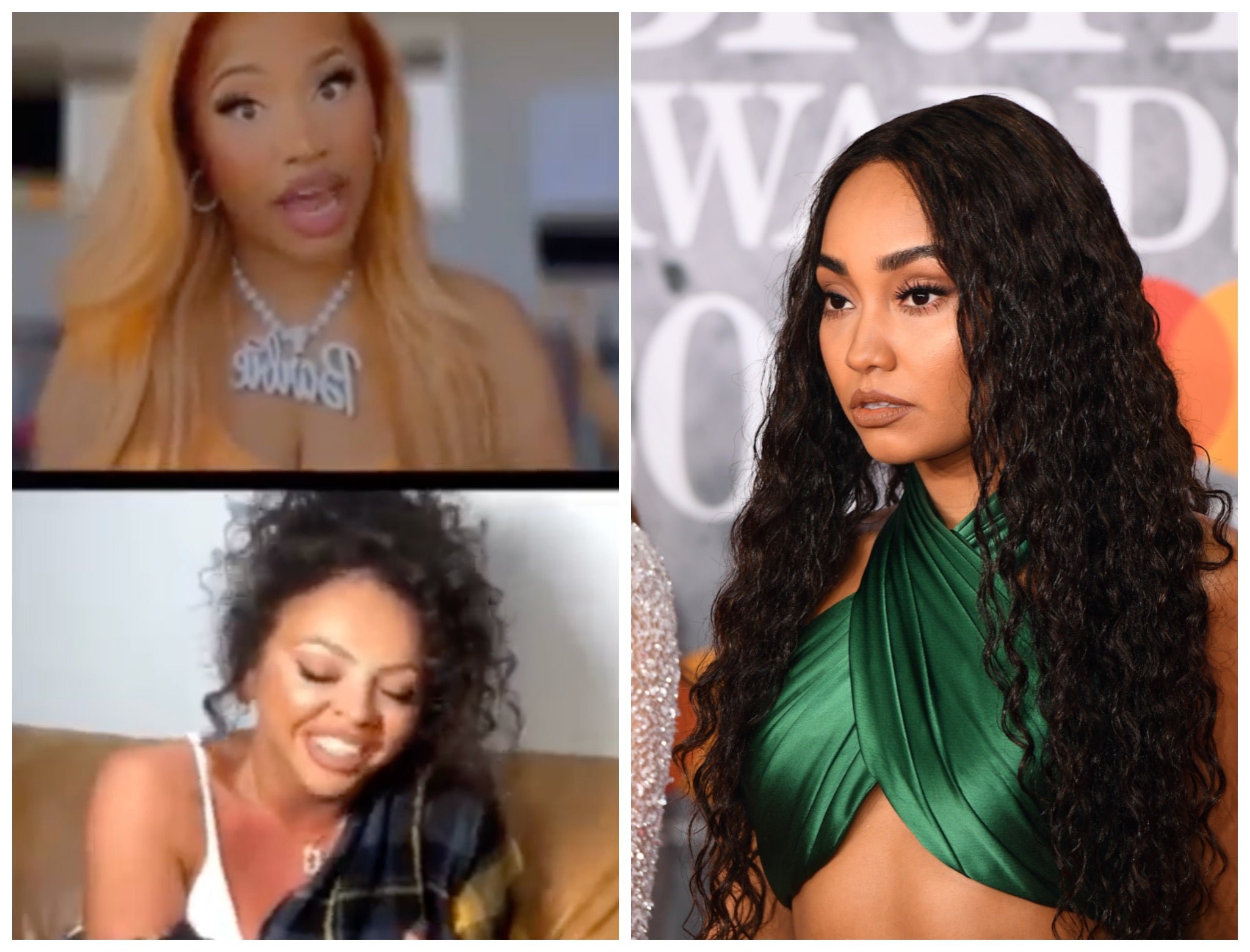 Nicki Minaj (top left) and Jesy Nelson (bottom left) took part in an Instagram Live in which they appeared to mock Nelson’s former bandmate, Leigh-Anne Pinnock