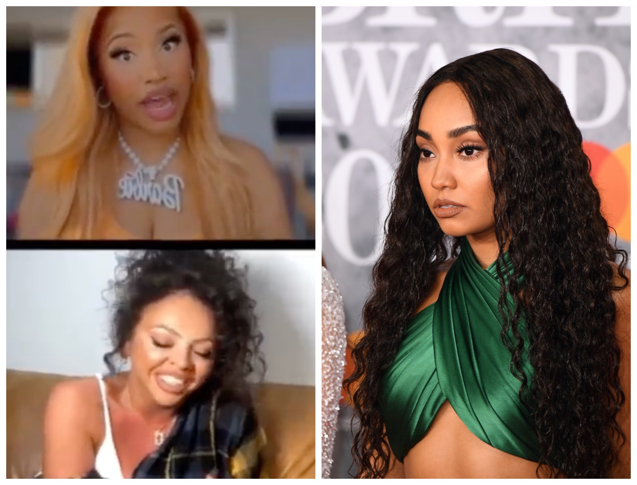 Nicki Minaj (arriba a la izquierda) y Jesy Nelson (abajo a la izquierda) participaron en un Instagram Live en el que parecían burlarse de la ex compañera de banda de Nelson, Leigh-Anne Pinnock.