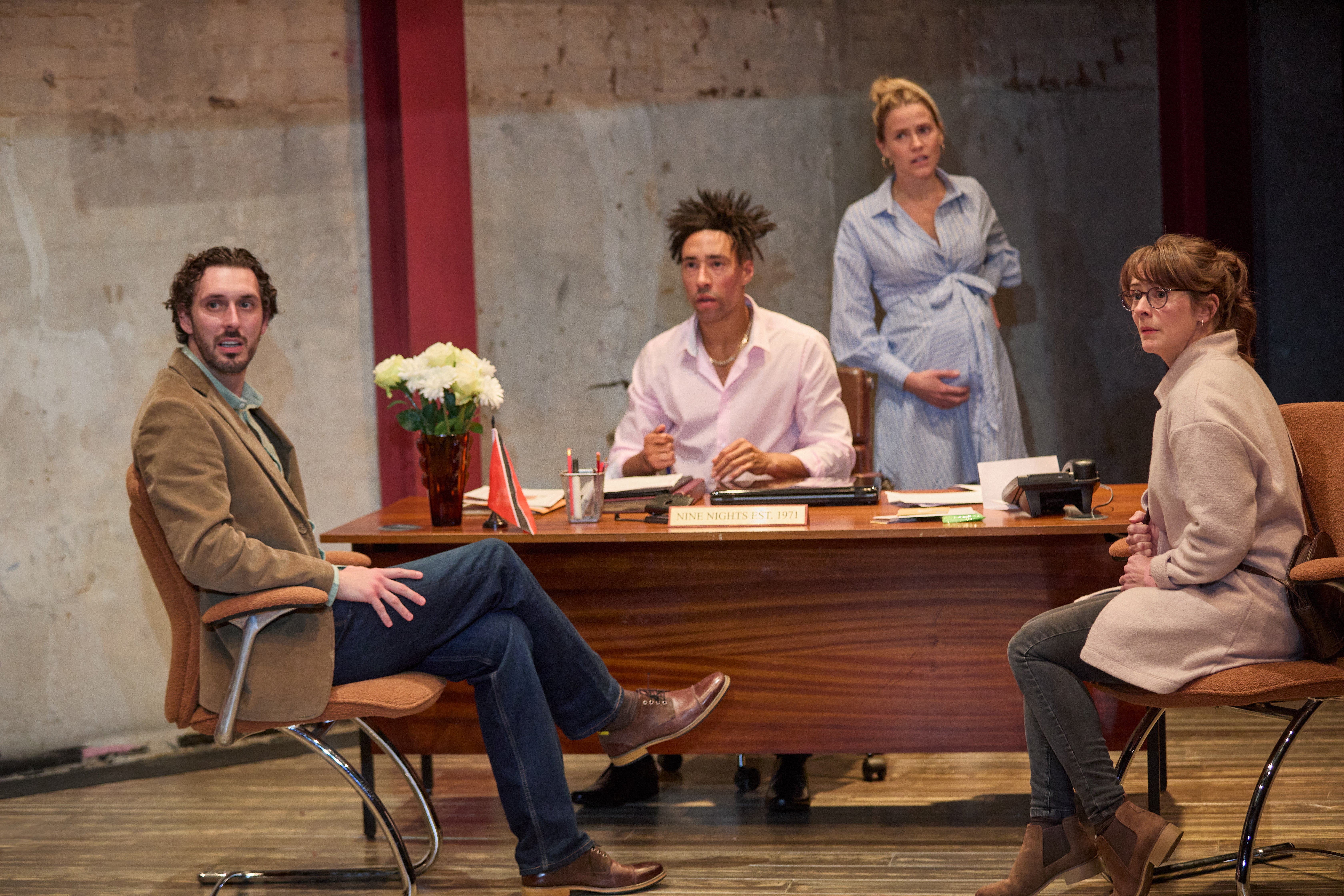 Changing times: (from left): Blake Harrison (George), Laurence Ubong Williams (Keron), Kirsty Oswald (Tash) and Joanna Horton (Anna)