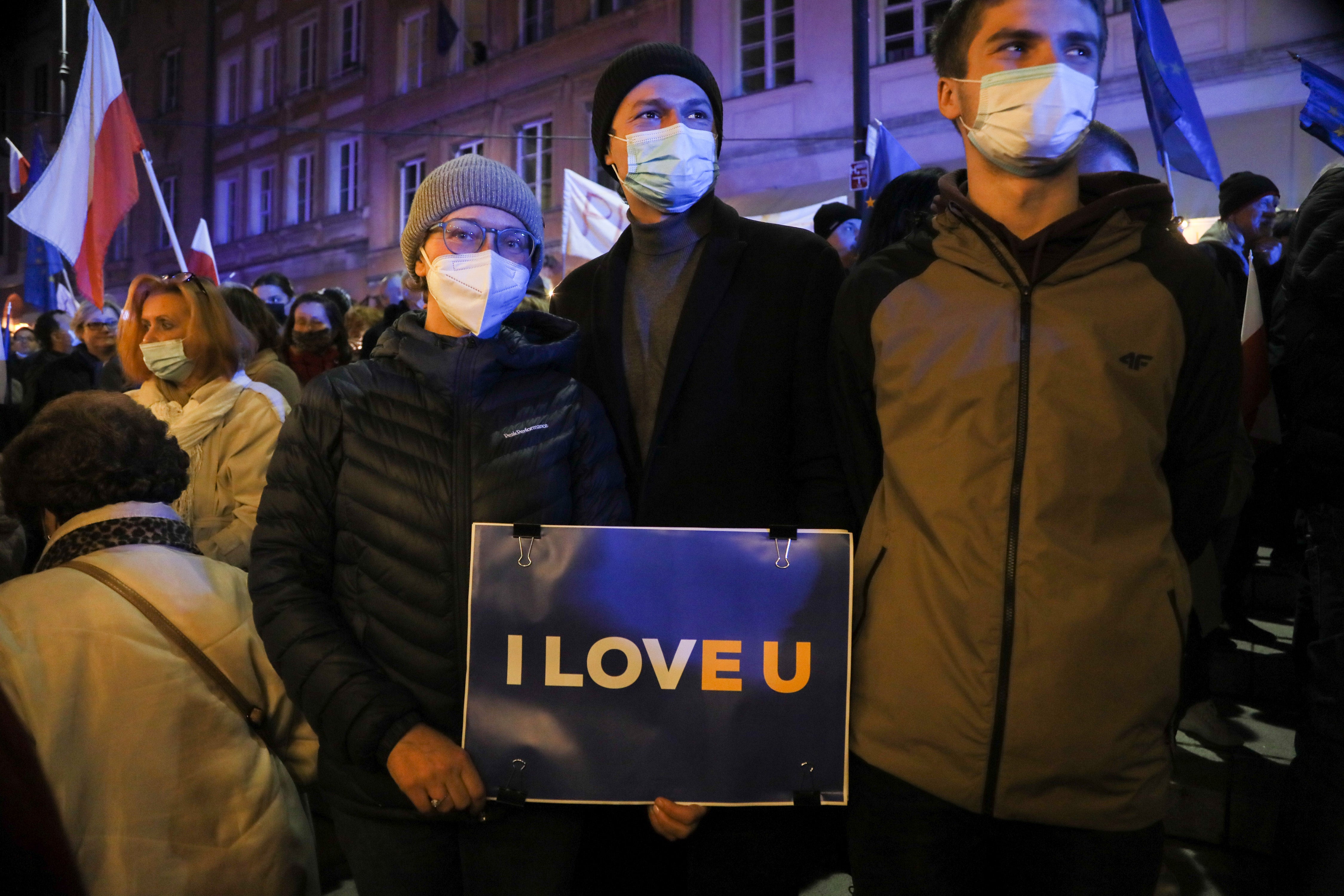 Pro Europe protesters gather at Plac Zamkowy, in Warsaw's Old Town on Sunday, after the Constitutional Tribunal ruled Polish constitution has primacy over EU laws