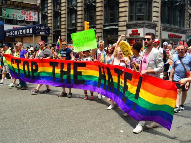 <p>A protest over hate towards LGBT+ Americans in New York in 2017</p>