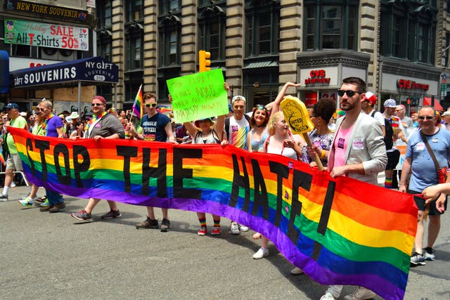 <p>A protest over hate towards LGBT+ Americans in New York in 2017</p>