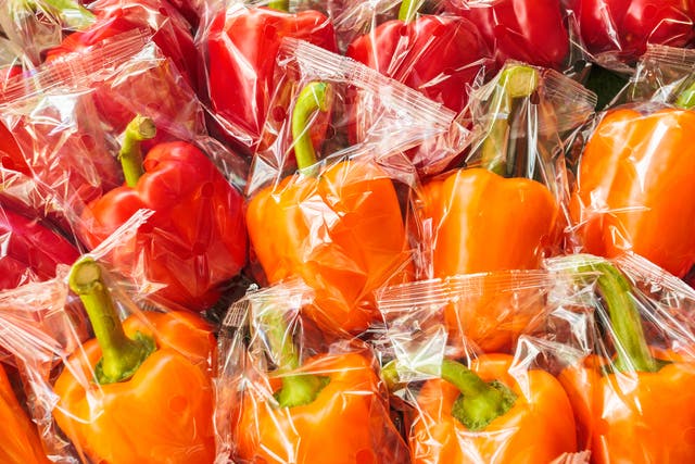 <p>Peppers in plastic wrapping</p>