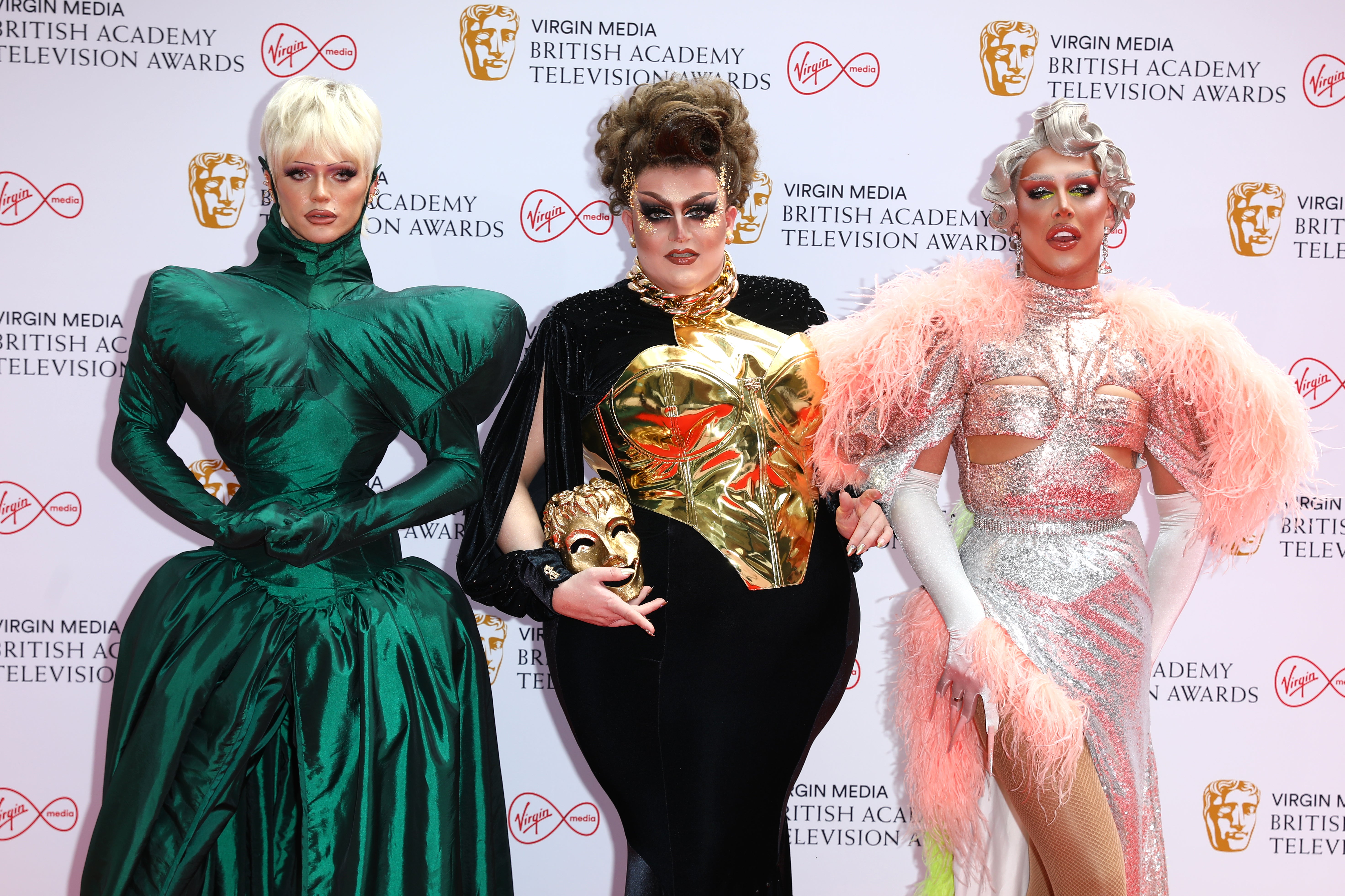 From L-R: Drag Race UK’s Bimini, Lawrence Chaney and A’Whora at the 2021 Baftas