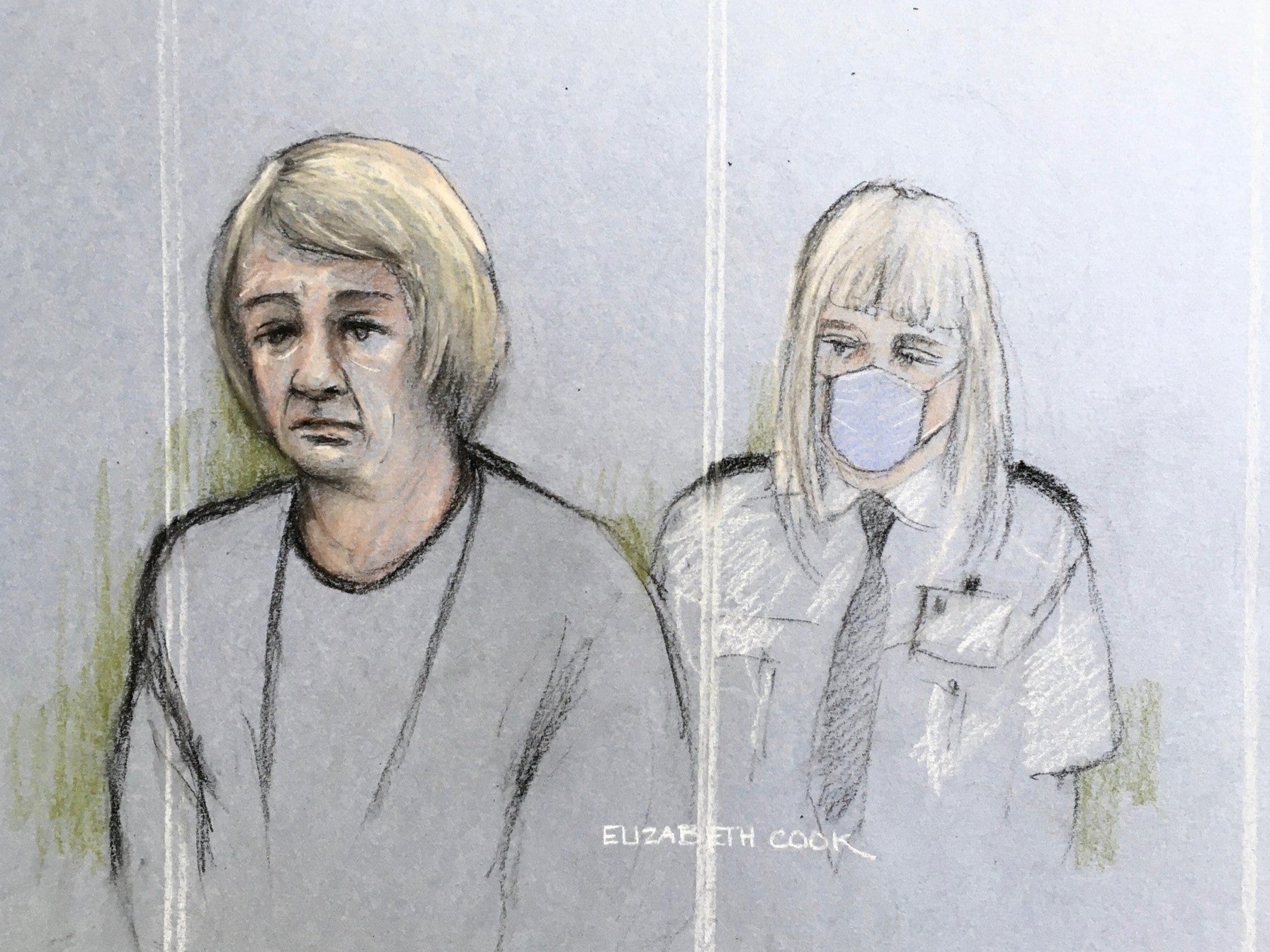 <p>Penelope Jackson appears at Bristol Crown Court in an artist sketch by Elizabeth Cook for the 66-year-old’s murder trial on Tuesday </p>
