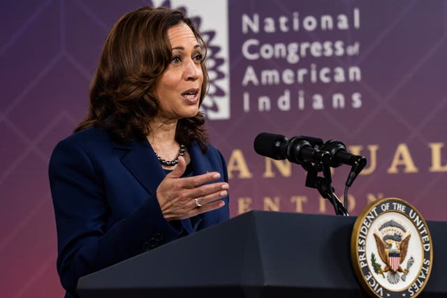 <p>Vice President Kamala Harris addressing the National Congress of American Indians </p>