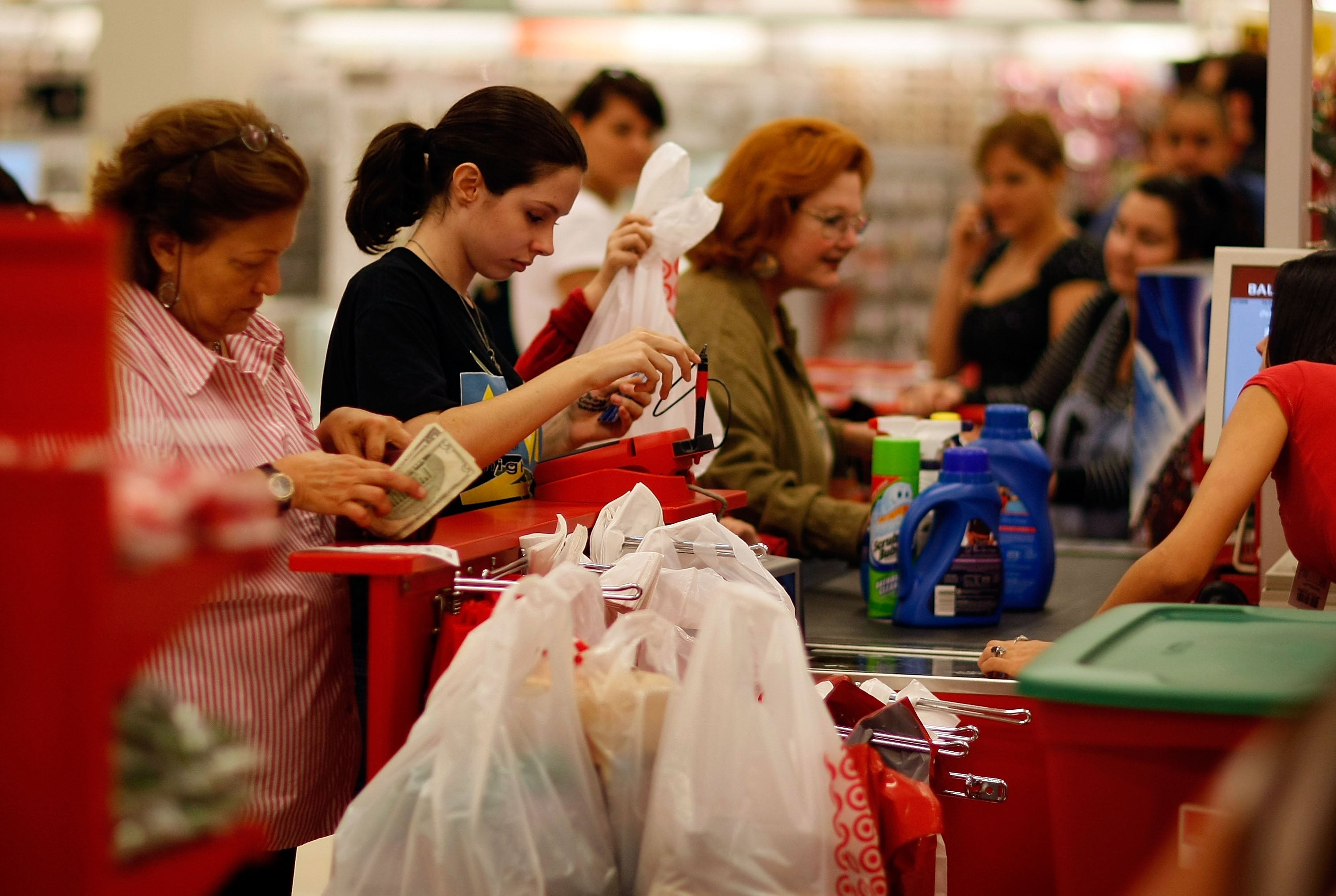 Shoppers line up at the cashiers' checkout at a Target store in Miami, Florida.