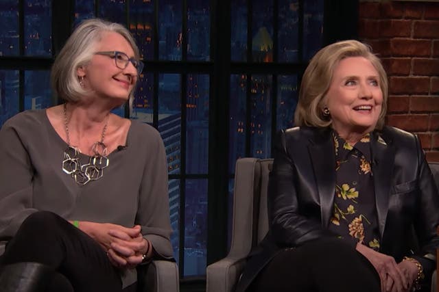 <p>Louise Penny and Hillary Clinton on ‘Late Night with Seth Meyers'</p>