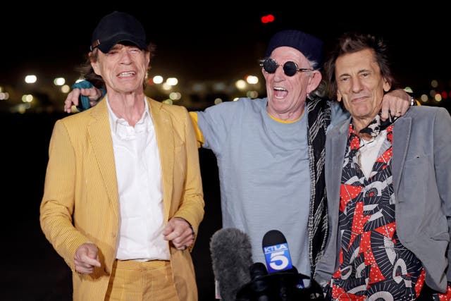 <p>The Rolling Stones’ Mick Jagger, Keith Richards and Ron Wood arrive in Burbank, California on Monday </p>