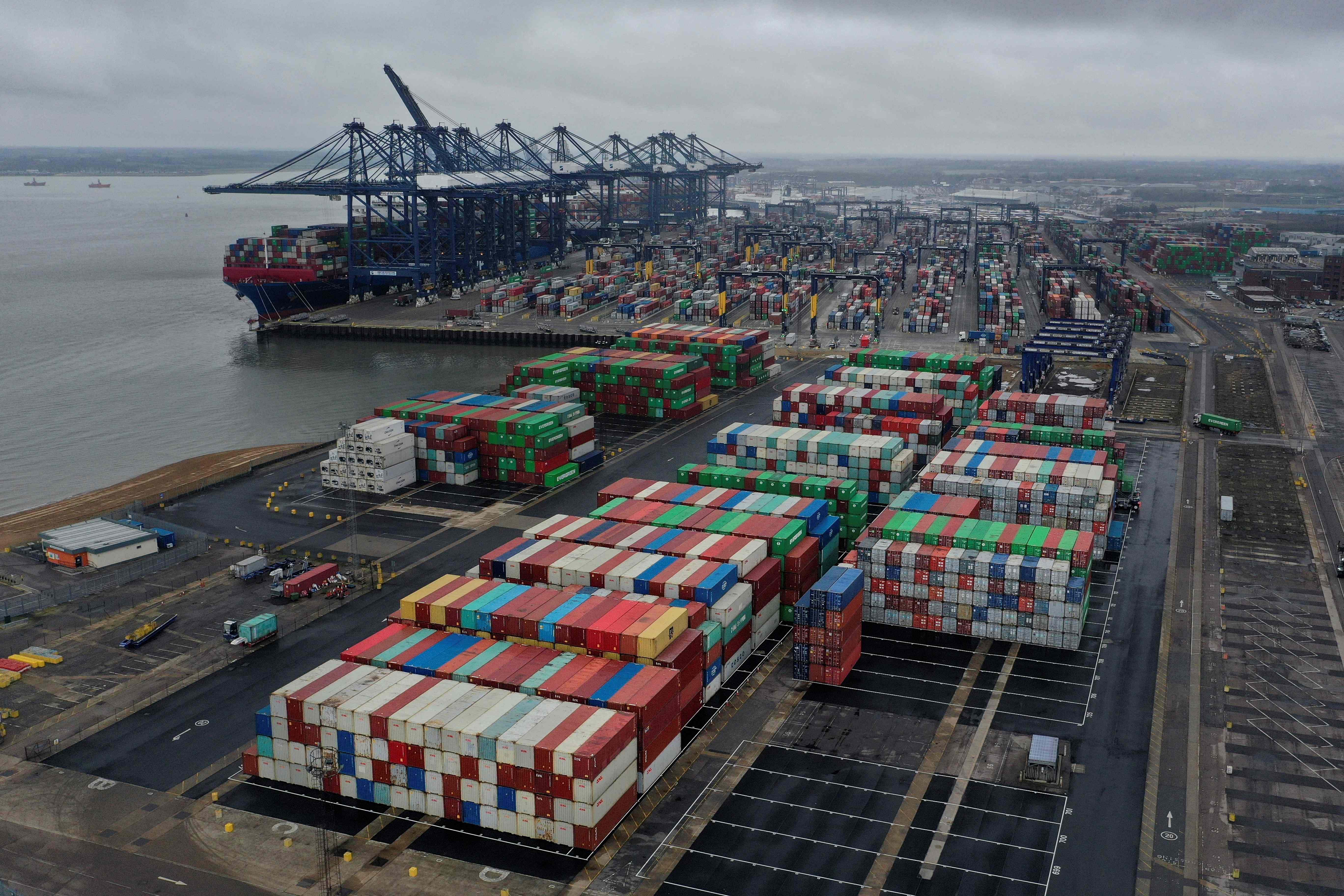 World’s largest shipping container company Maersk diverts big cargo ships away from the UK as Felixstowe port fills up due to HGV container backlog