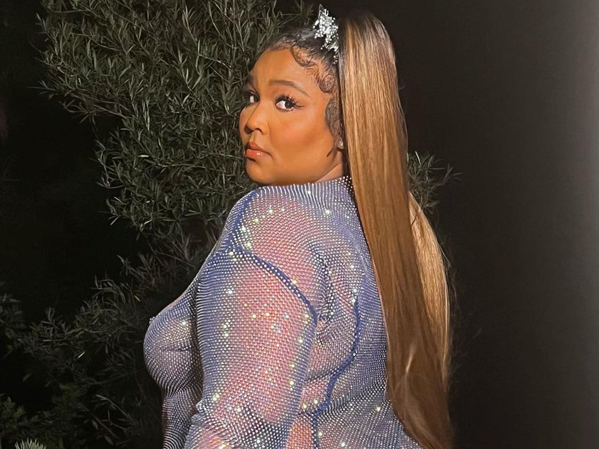 Lizzo in her sparkly sheer purple gown