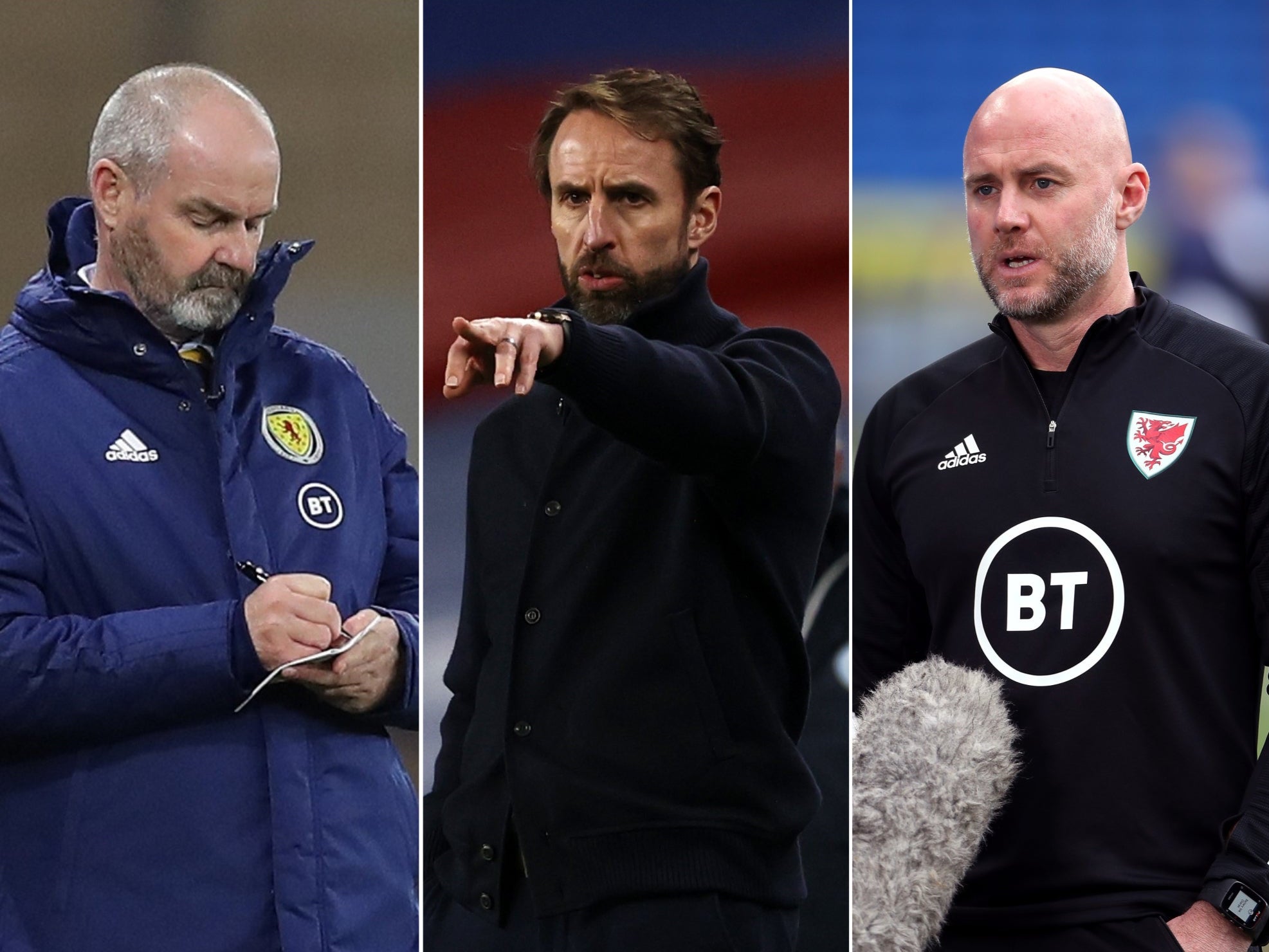 Steve Clarke, Gareth Southgate and Robert Page (left to right) are all still on course to take their teams to the 2022 World Cup (Jane Barlow/Adrian Dennis/Nick Potts/PA)