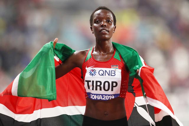 <p>Tirop celebrates 10k bronze at the 2019 World Athletics Championships</p>