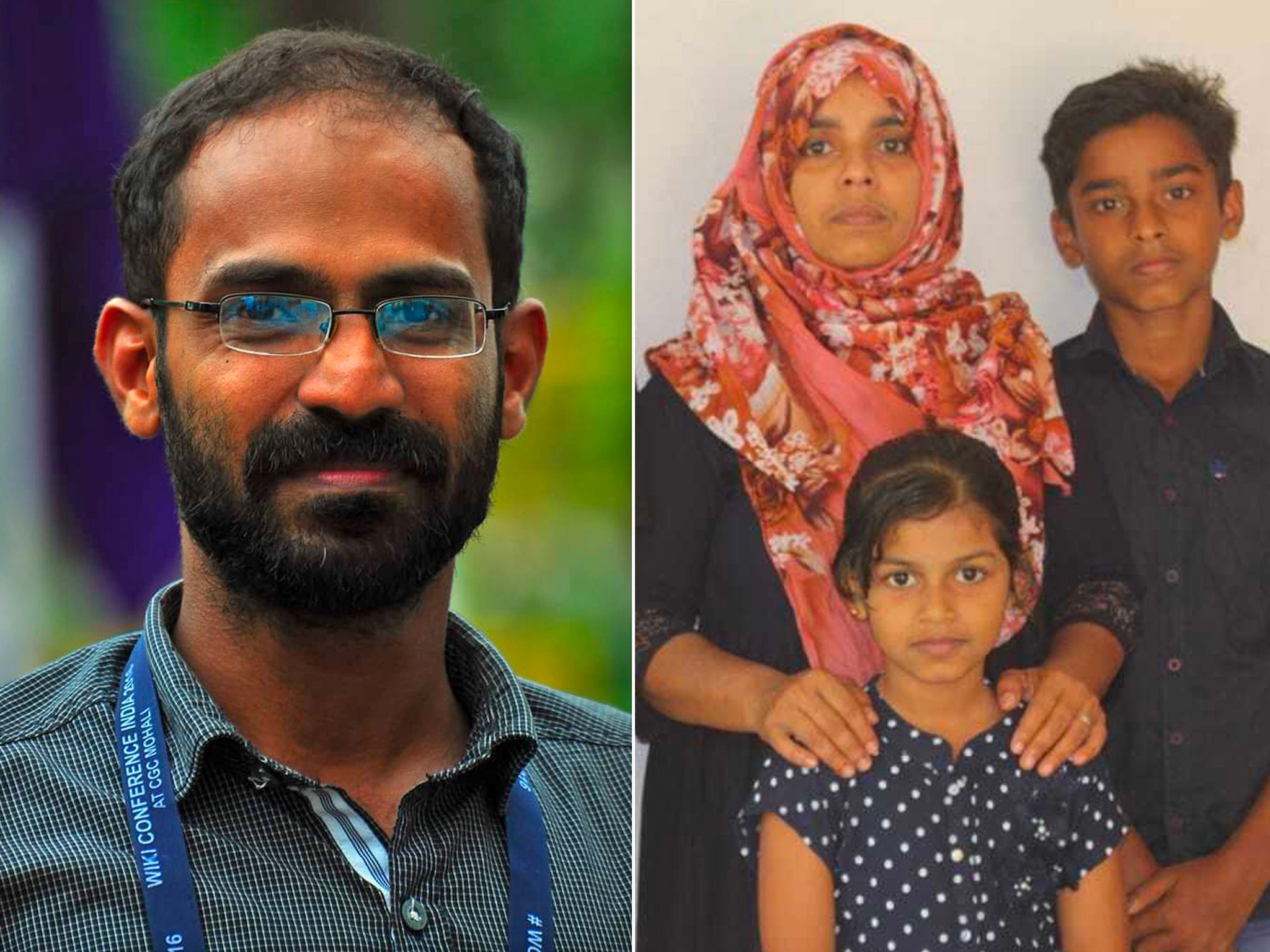 Siddique Kappan (left) was arrested on 5 October last year. His wife (right, with their two youngest children) has been campaigning for his release