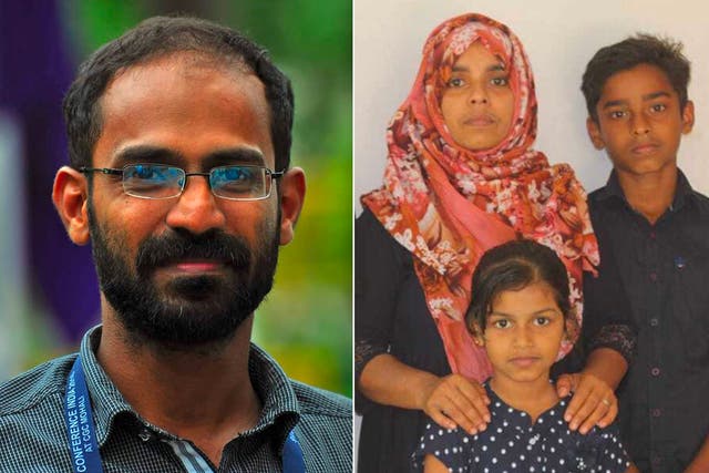 <p>Siddique Kappan (left) who was arrested on 5 October 2020 has walked out of jail. His wife (right, with their two youngest children) campaigned for his release</p>