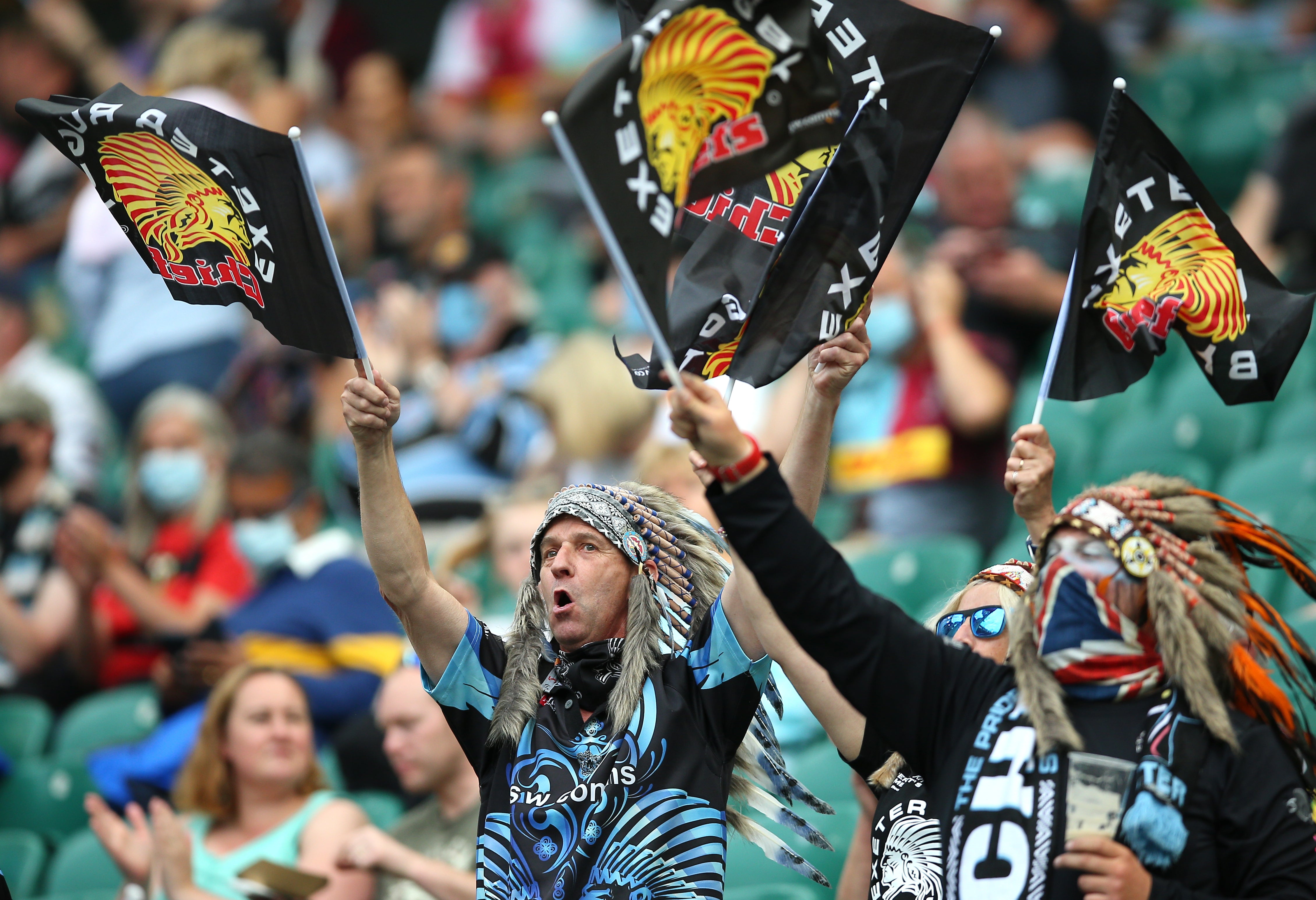 Exeter Chiefs fans wearing the headdresses (Nigel French/PA)