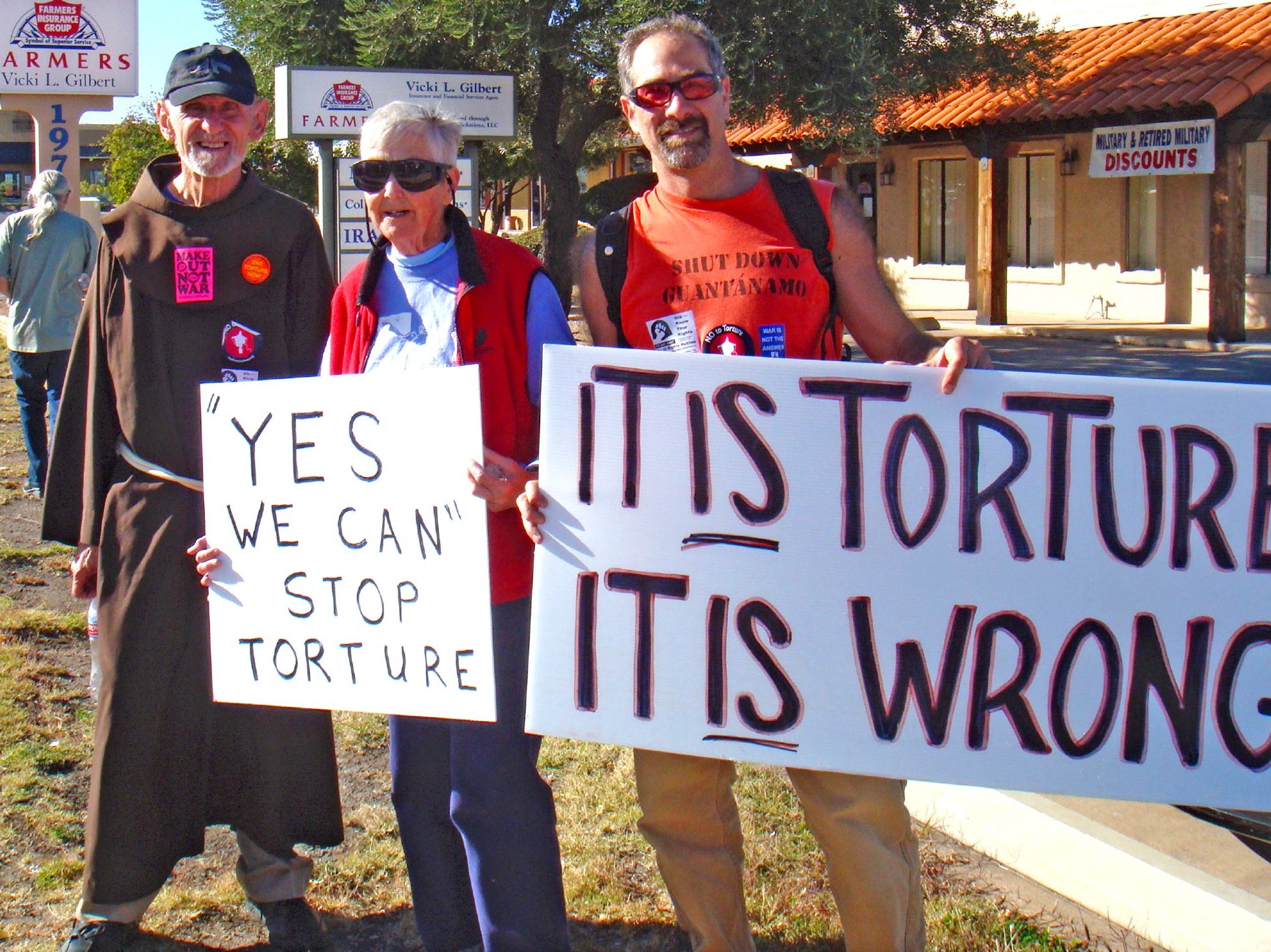 Sister Rice with Louis Vitale and Jim Haber protest US policy on torture at Ft. Huachuca, Arizona
