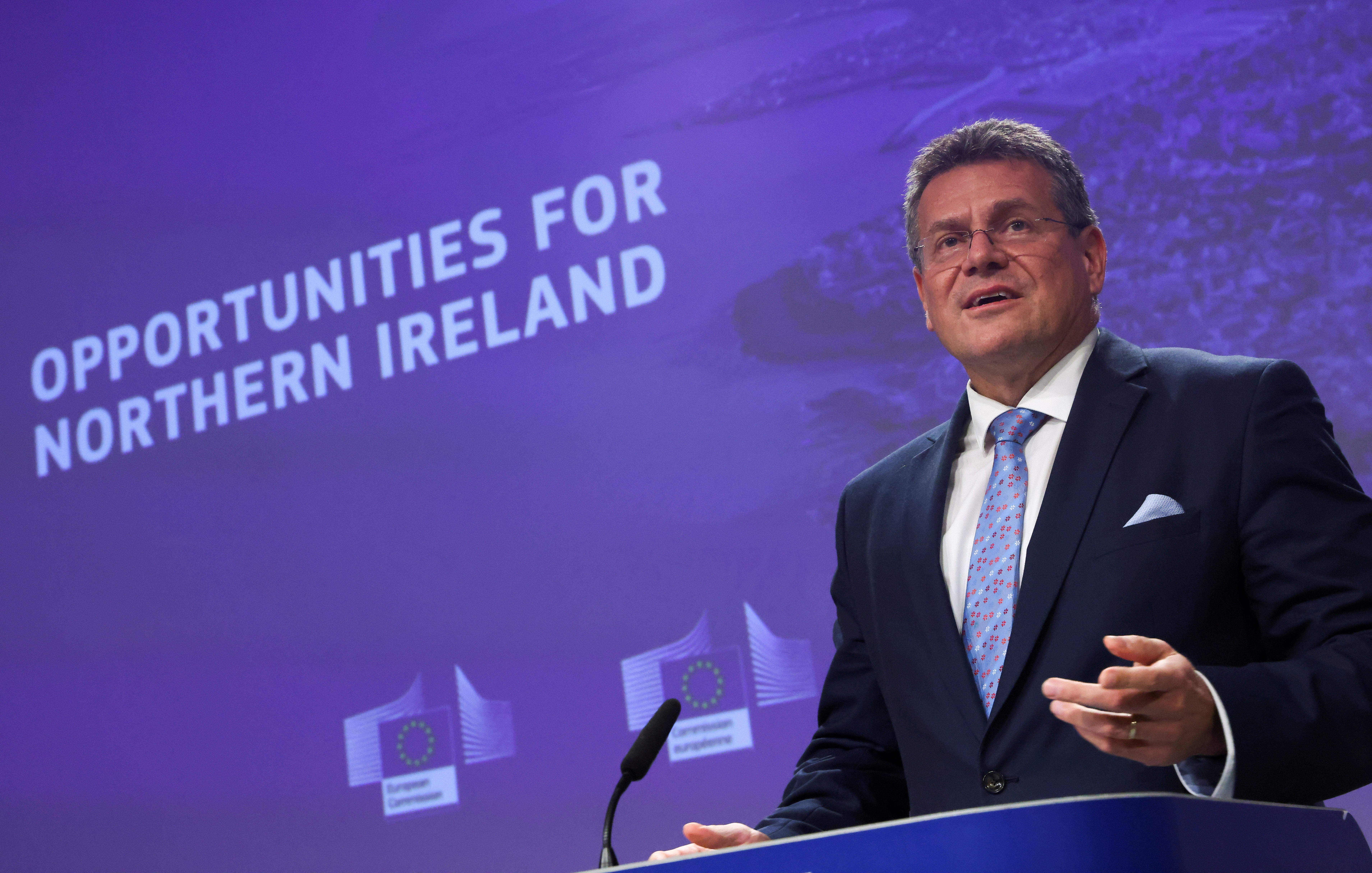 European Commission vice president Maros Sefcovic addresses a news conference about a package of measures designed to ease the flow of goods from Britain to Northern Ireland