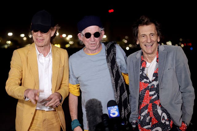 <p>Mick Jagger, Keith Richards and Ronnie Wood of The Rolling Stones at Hollywood Burbank airport for their No Filter tour</p>