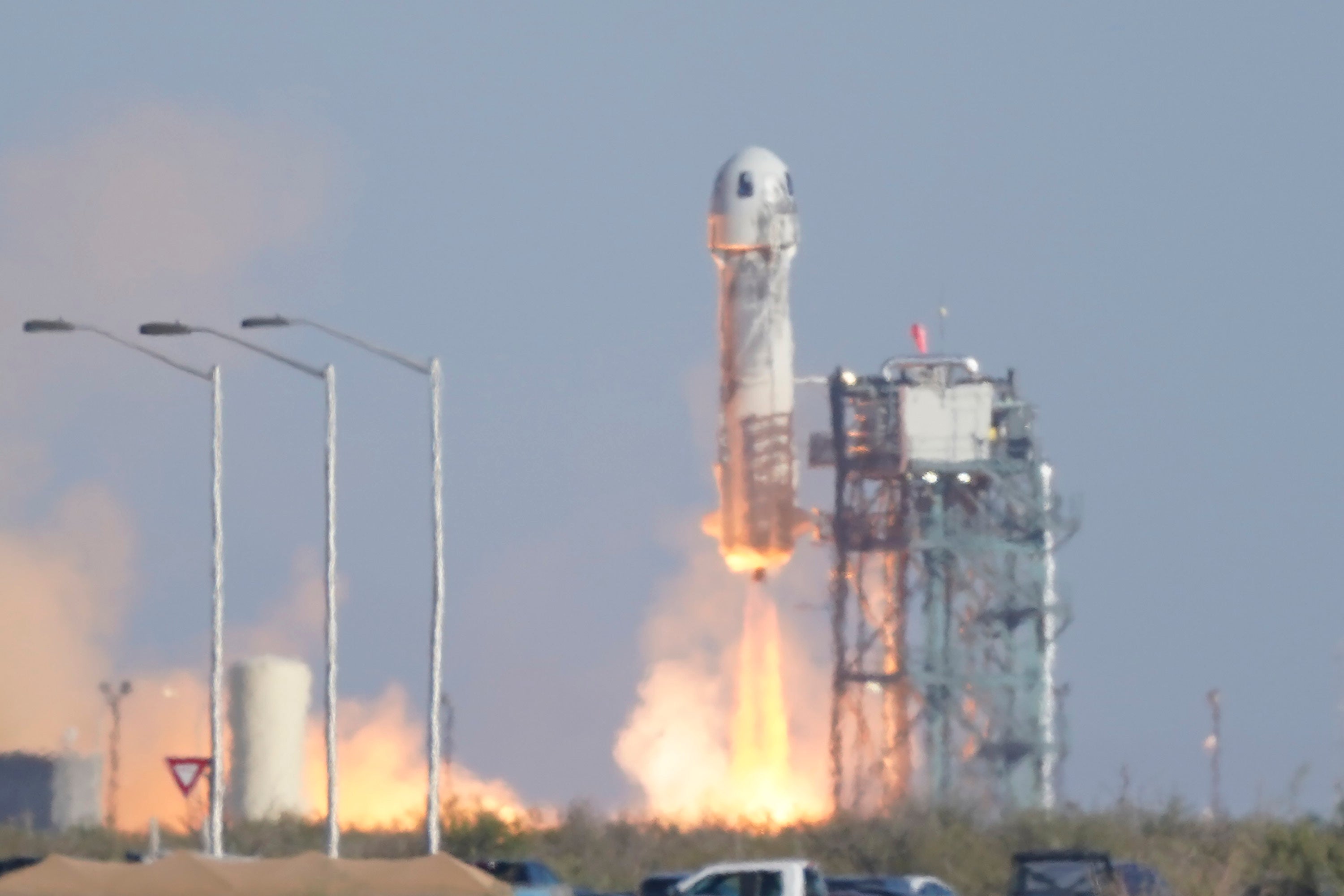 Blue Origin’s New Shepard rocket launched into space carrying passengers William Shatner, Chris Boshuizen, Audrey Powers and Glen de Vries (AP Photo/LM Otero)