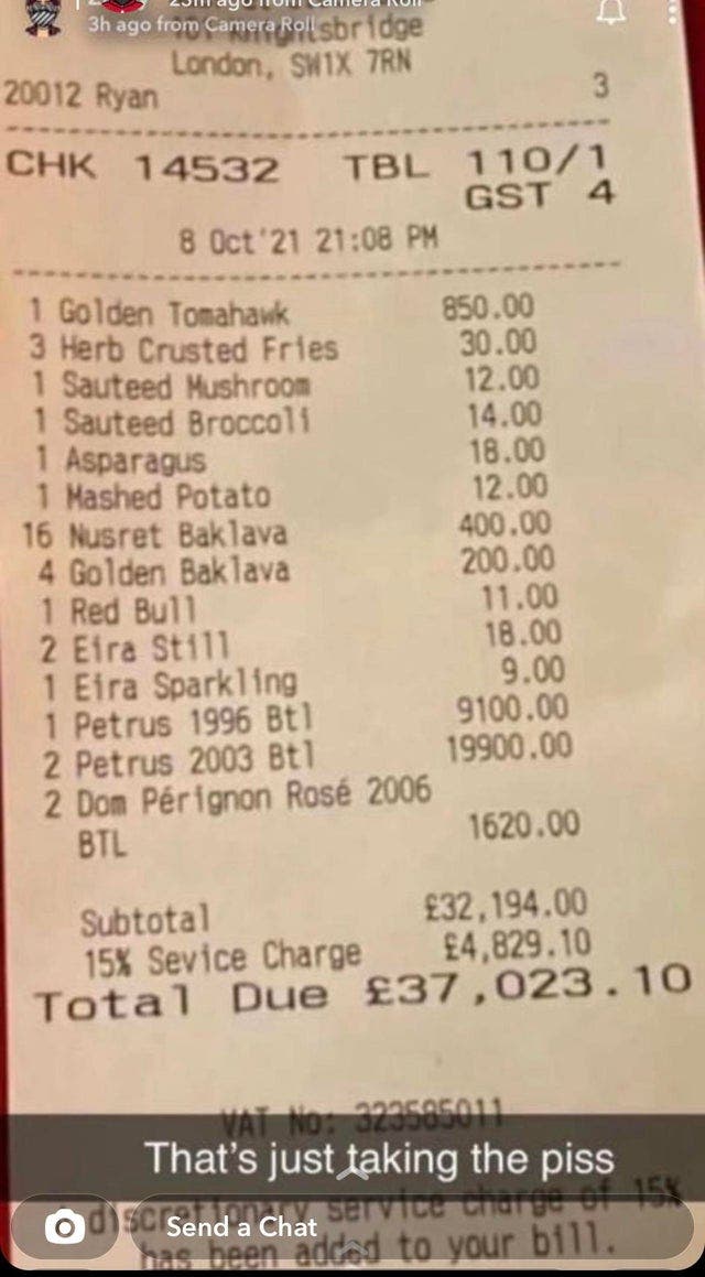 receipt from one of Salt Bae's restaurants 