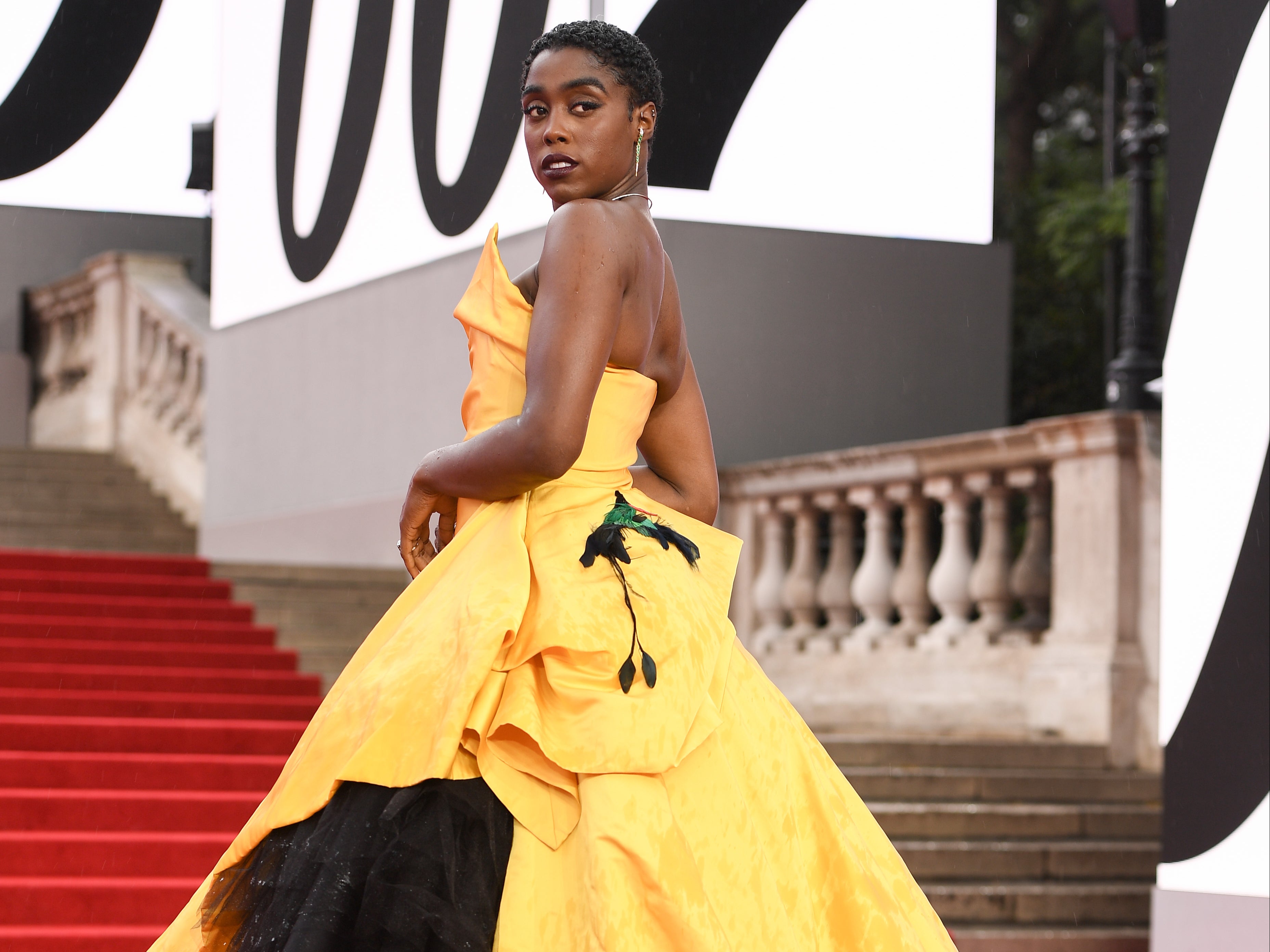 Lashana Lynch wearing Vivienne Westwood at the world premiere of No Time to Die in September 2021
