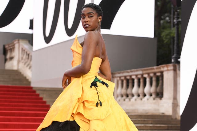 <p>Lashana Lynch wearing Vivienne Westwood at the world premiere of No Time to Die in September 2021</p>