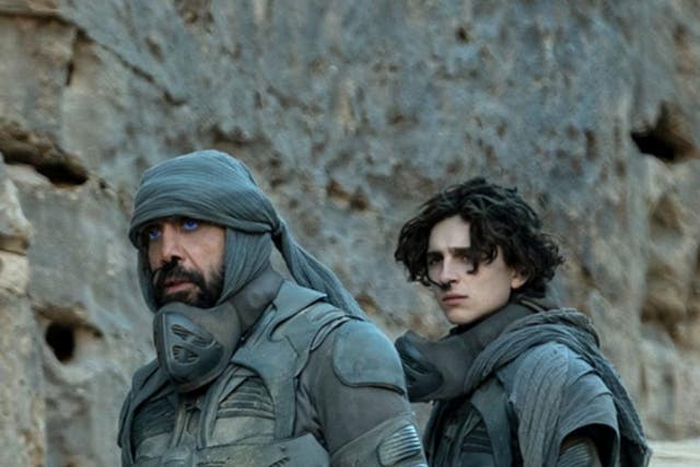 <p>Javier Bardem and Timothée Chalamet in Denis Villeneuve’s epic spectacle ‘Dune’ </p>