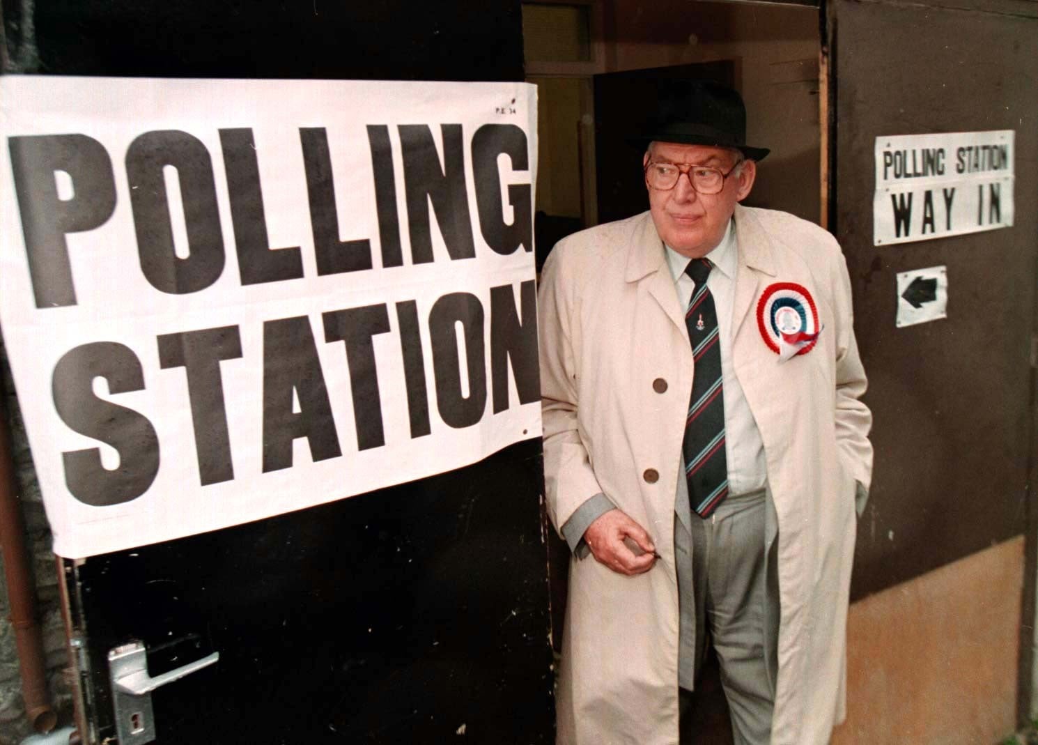 Rev Ian Paisley leaves a Belfast polling station after voting in the election to the Northern Ireland Forum