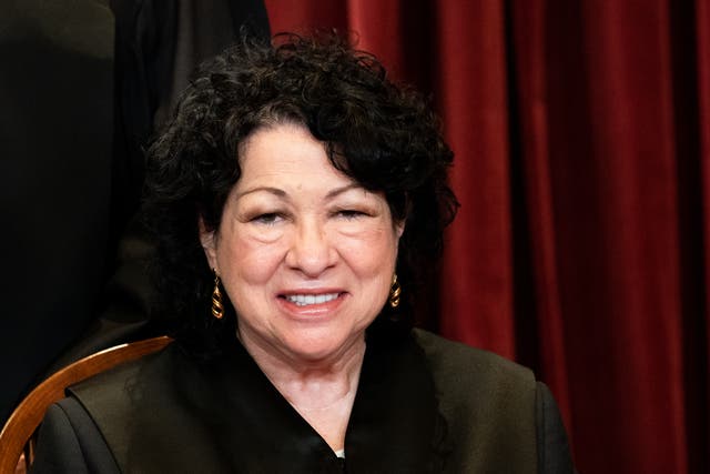 <p>Associate Justice Sonia Sotomayor sits during a group photo of the Justices at the Supreme Court in Washington, DC on April 23, 2021</p>