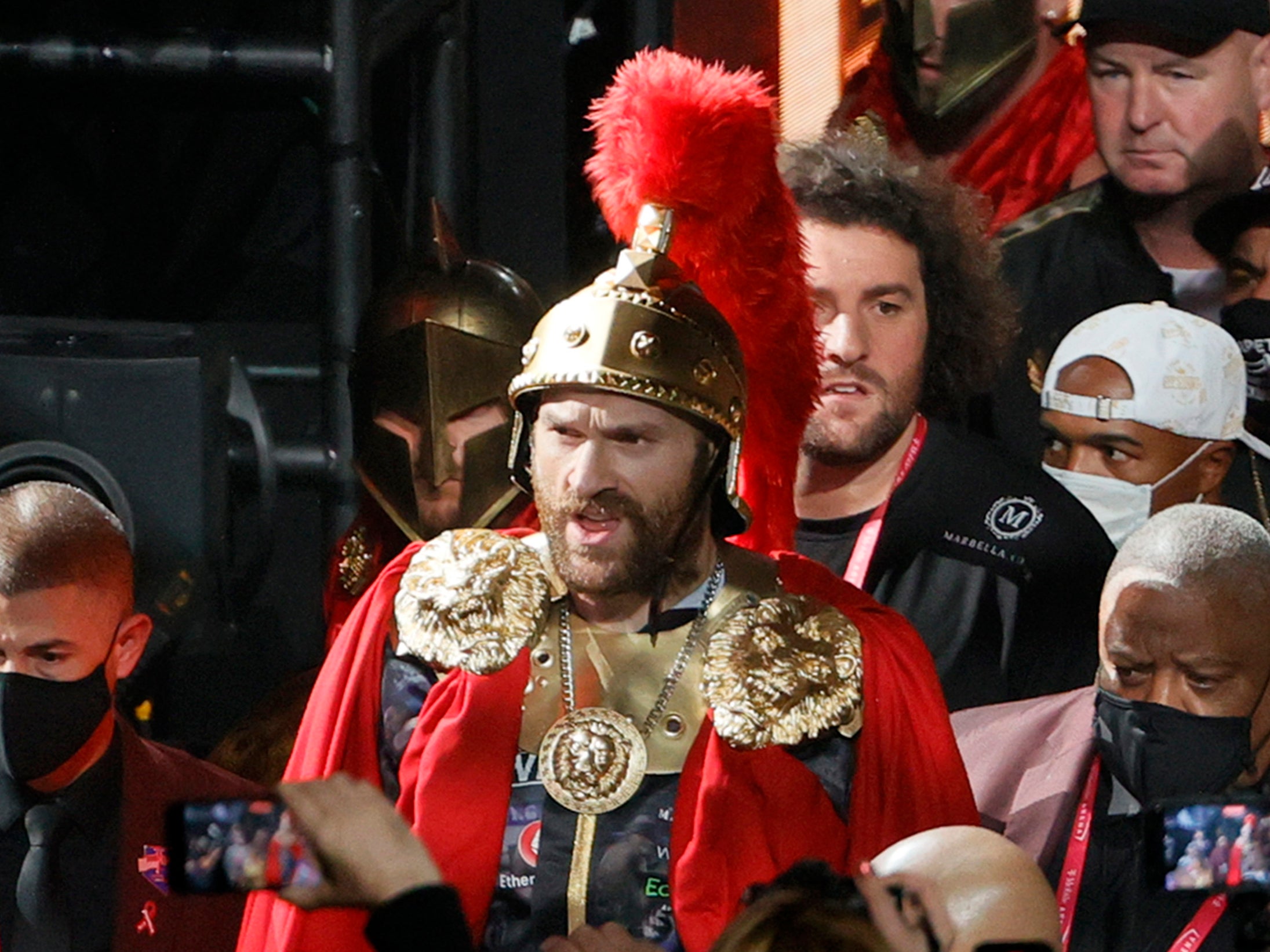 Tyson Fury makes his ring entrance for his WBC heavyweight title fight against Deontay Wilder