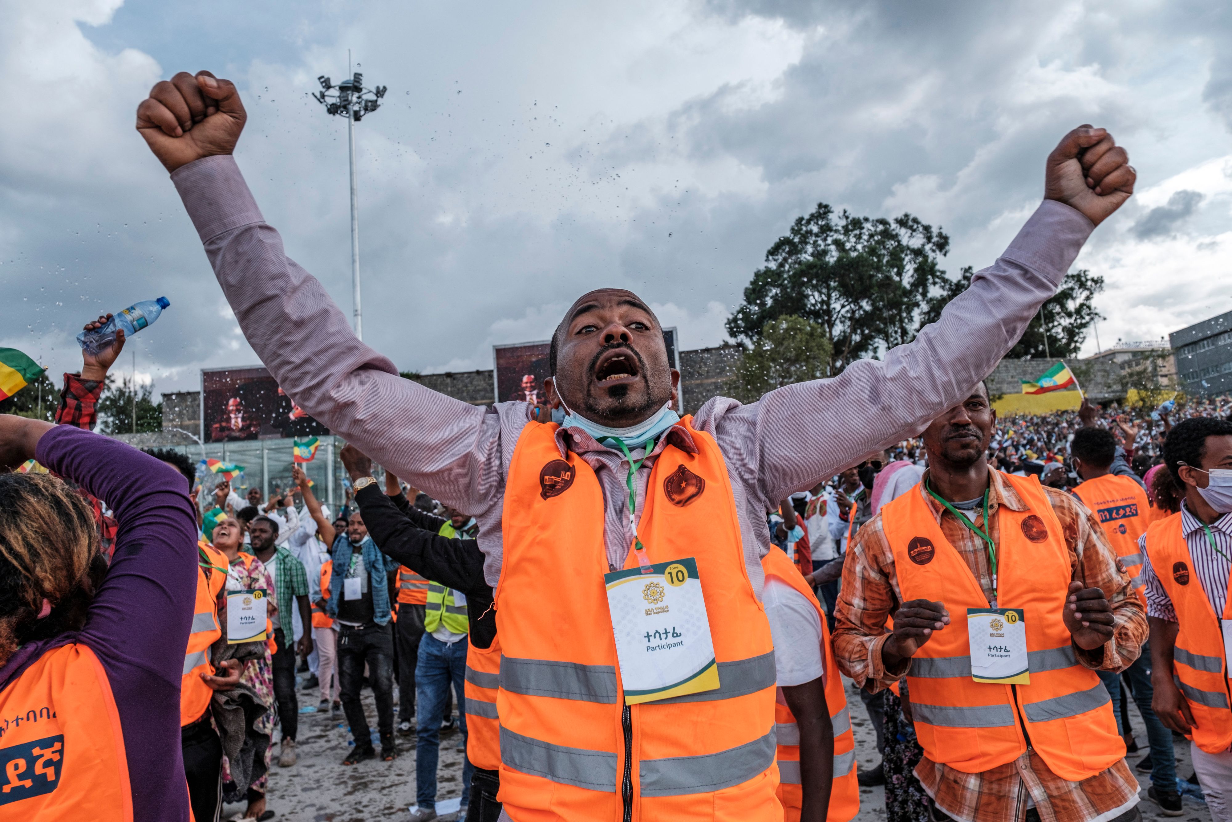 A man reacts during the inauguration ceremony of the new government, in the city of Addis Ababa