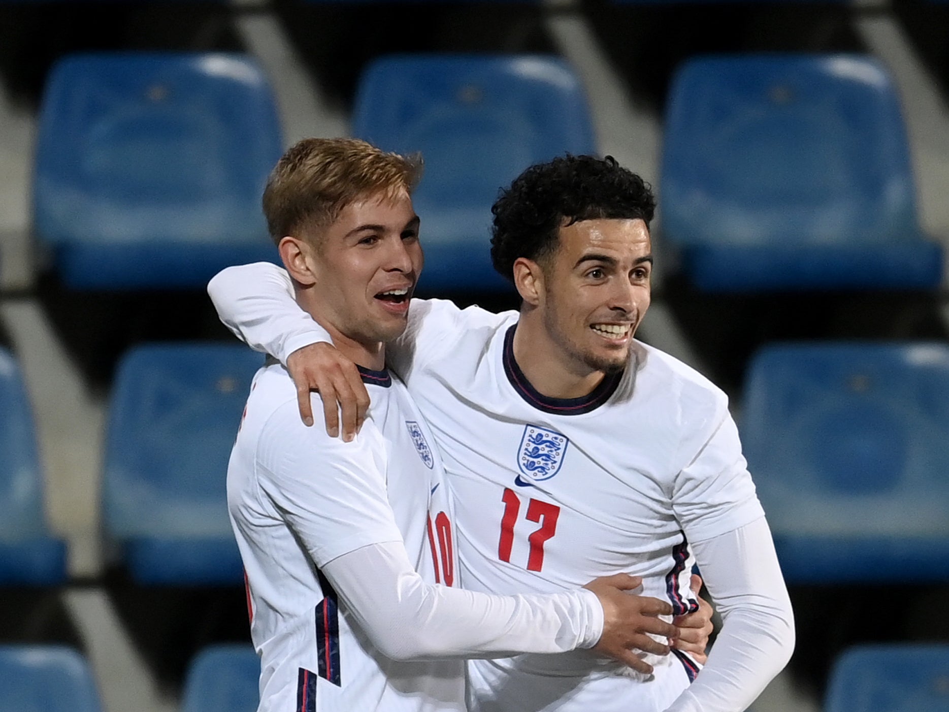 Emile Smith Rowe of England celebrates with Curtis Jones after scoring